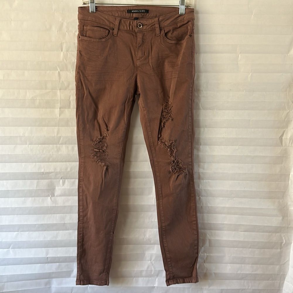 Angel Kiss Distressed Skinny Jeans Brown Women's Size 7 Stretch Casual Denim